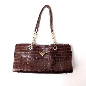 NYC Accessory Womens Purse Brown Croc M Zip Close Handbag‎ Double Handle